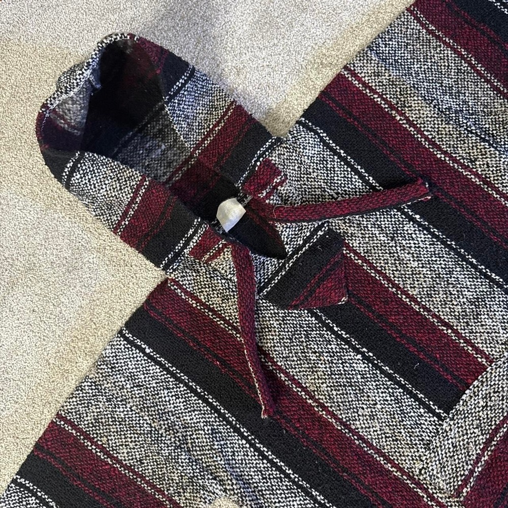 Y2K Textiles Gray Black Maroon Striped Hooded Poncho Women's Medium - Picture 2 of 6